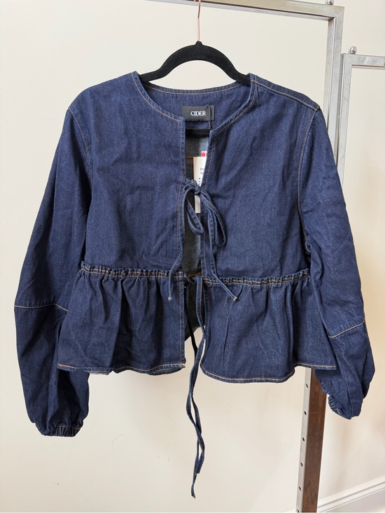 Cider Jackets & Blazers - Cider Women's DENIM ROUND NECKLINE TIE FRONT RUFFLE HEM JACKET